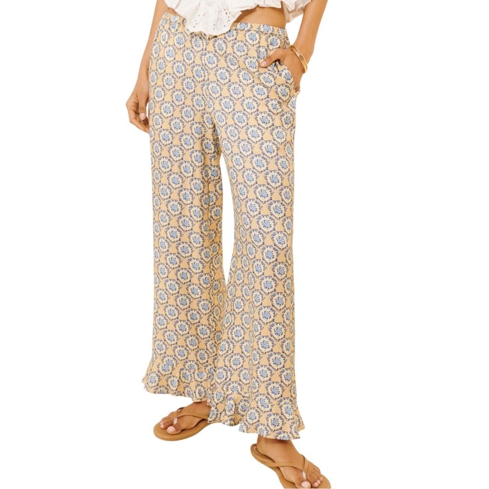 Maeve Anthropologie Wide Leg Floral Medallion Pants Blue Tan Size M OB2438978
